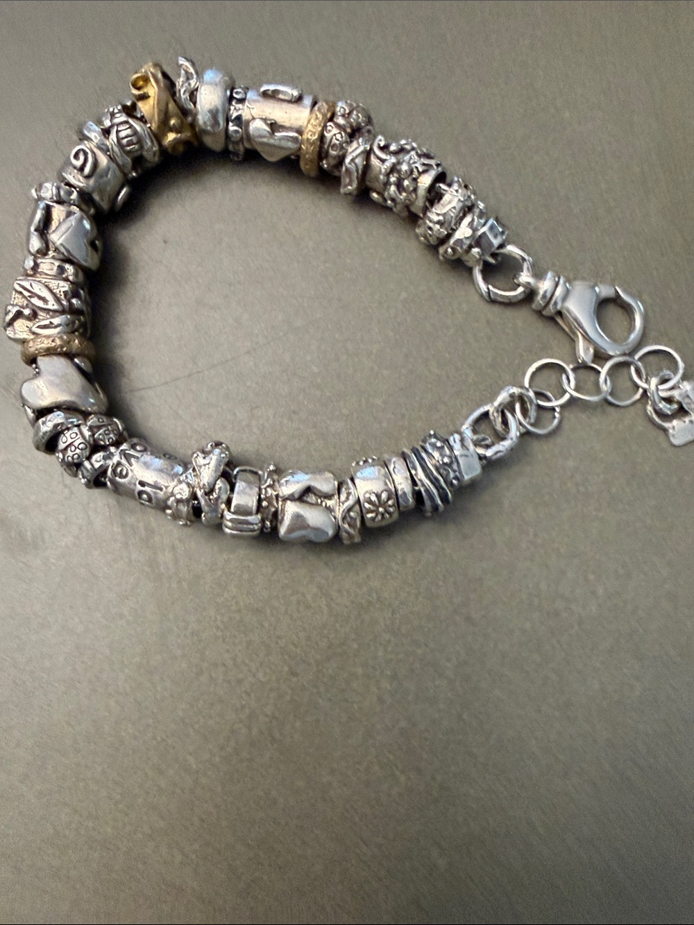 Sterling Tone Beaded Charm Bracelet- 925 Silver and Copper Accents. Handmade